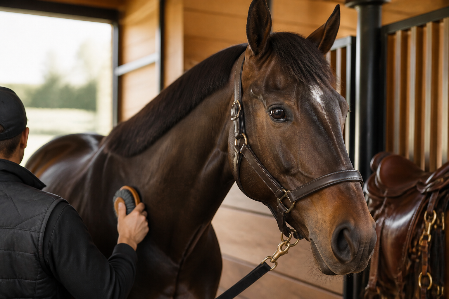 Thoroughbred being groomed in stable